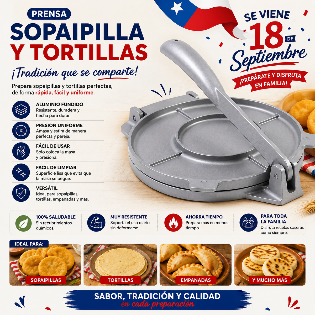 Prensa Tortillera Express de Aluminio — Aplana Masa en Segundos 🌮