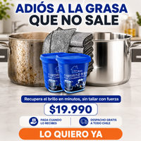 BrilloMax Pro antes y despues: olla opaca con grasa versus olla brillante limpiada con el kit de paños metalicos y pasta limpiadora, precio 19990 pesos