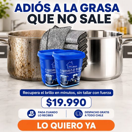 BrilloMax Pro antes y despues: olla opaca con grasa versus olla brillante limpiada con el kit de paños metalicos y pasta limpiadora, precio 19990 pesos