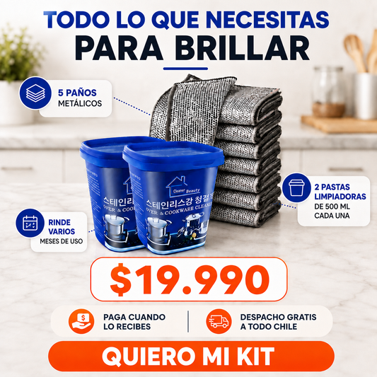 BrilloMax Pro - oferta completa: 5 paños metálicos y 2 pastas limpiadoras Magic Limpia Olla de 500 ml cada una, precio 19990 pesos, paga cuando lo recibes, despacho gratis a todo Chile