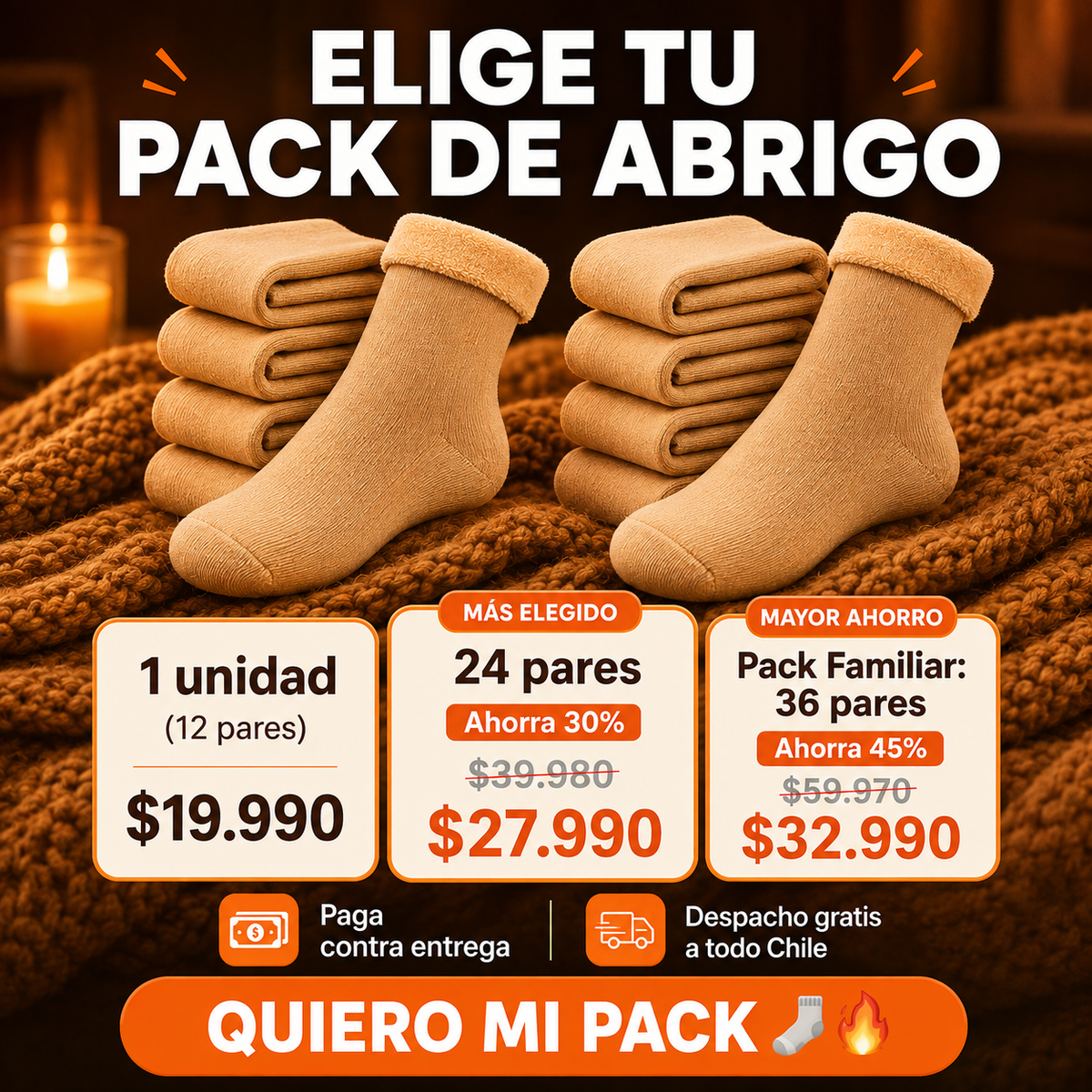 Elige tu pack de abrigo CalorPies Pro: calcetines termicos color camel sobre una manta de lana. 1 unidad de 12 pares $19.990, 24 pares $27.990 con 30% de ahorro, 36 pares $32.990 con 45% de ahorro. Paga contra entrega y despacho gratis a todo Chile.