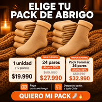 Elige tu pack de abrigo CalorPies Pro: calcetines termicos color camel sobre una manta de lana. 1 unidad de 12 pares $19.990, 24 pares $27.990 con 30% de ahorro, 36 pares $32.990 con 45% de ahorro. Paga contra entrega y despacho gratis a todo Chile.