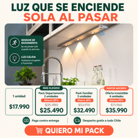LumaBar Sensor 30 cm instalada bajo un mueble de cocina: sensor de movimiento que la enciende sola y luz calida. Packs: 1 unidad $17.990, 2 unidades $25.490, 3 unidades $32.490, 4 unidades $35.990. Paga contra entrega y despacho gratis a todo Chile.