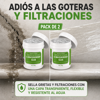 SelloMax Pro antes y despues: grieta con filtracion de agua versus superficie sellada con capa transparente, pack de 2 potes