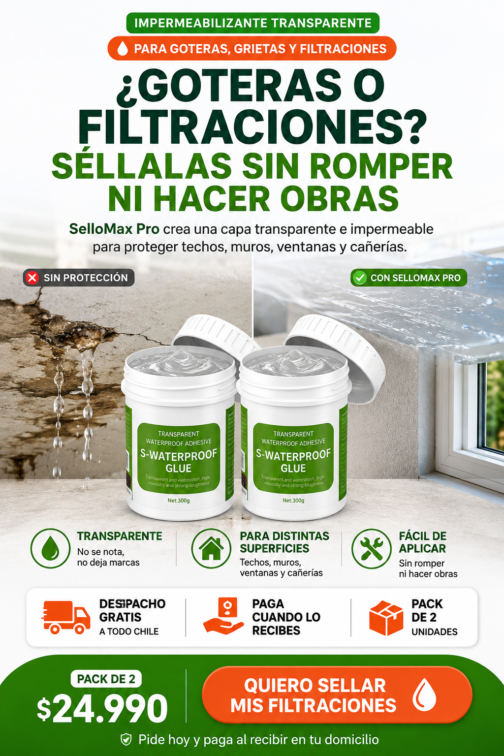 SelloMax Pro, sellador impermeabilizante transparente para goteras, grietas y filtraciones. Pack de 2 potes, $24.990, paga cuando lo recibes, despacho gratis a todo Chile